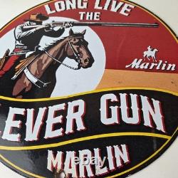 Vintage Marlin Firearms Sign Long Live Lever Gun Advertise Gas Porcelain Sign