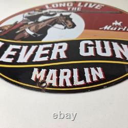 Vintage Marlin Firearms Sign Long Live Lever Gun Advertise Gas Porcelain Sign