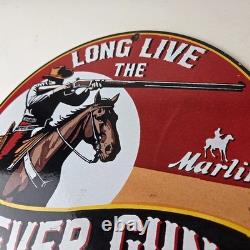 Vintage Marlin Firearms Sign Long Live Lever Gun Advertise Gas Porcelain Sign