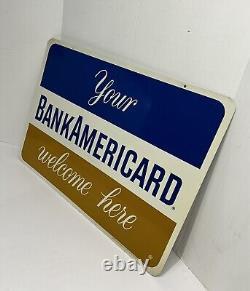 Vintage Metal Gas Station Sign Bank Americard Welcome Credit Card 18x26 Two Side