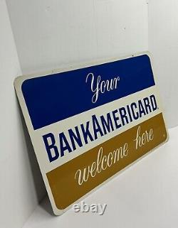 Vintage Metal Gas Station Sign Bank Americard Welcome Credit Card 18x26 Two Side