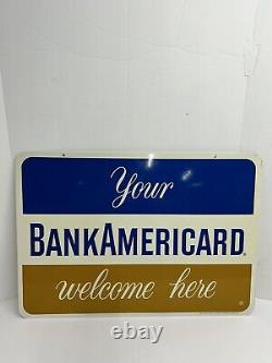 Vintage Metal Gas Station Sign Bank Americard Welcome Credit Card 18x26 Two Side