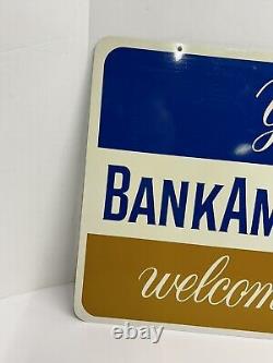 Vintage Metal Gas Station Sign Bank Americard Welcome Credit Card 18x26 Two Side