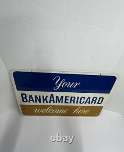 Vintage Metal Gas Station Sign Bank Americard Welcome Credit Card 18x26 Two Side