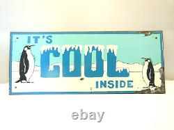 Vintage Metal Sign Advertising It's Cool Inside With Penguins 6 X 14