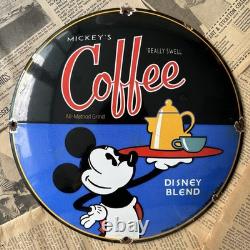 Vintage Mickey's Coffee Disney Blend 12 Inch Convex Porcelain Enamel Sign