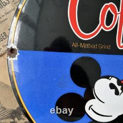 Vintage Mickey's Coffee Disney Blend 12 Inch Convex Porcelain Enamel Sign
