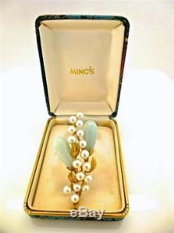 Vintage Ming's of Honolulu, Signed, Jade & Pearl Brooch 14K Gold, Original Box