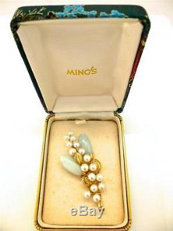 Vintage Ming's of Honolulu, Signed, Jade & Pearl Brooch 14K Gold, Original Box