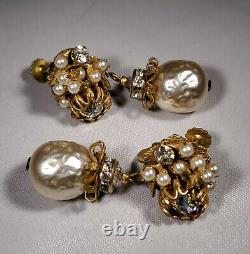 Vintage Miriam Haskell Signed Faux Baroque Pearl Rhinestone Drop Dangle Earrings