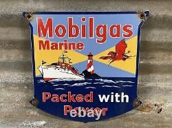 Vintage Mobil Porcelain Sign 1947 Marine Boat Fuel Gas Advertising Lake Shield