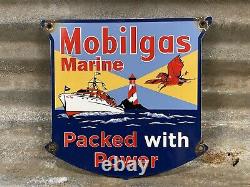 Vintage Mobil Porcelain Sign 1947 Marine Boat Fuel Gas Advertising Lake Shield