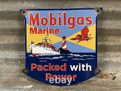 Vintage Mobil Porcelain Sign 1947 Marine Boat Fuel Gas Advertising Lake Shield