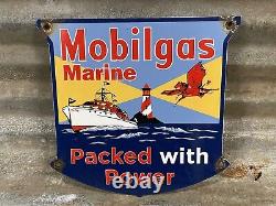 Vintage Mobil Porcelain Sign 1947 Marine Boat Fuel Gas Advertising Lake Shield