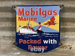 Vintage Mobil Porcelain Sign 1947 Marine Boat Fuel Gas Advertising Lake Shield