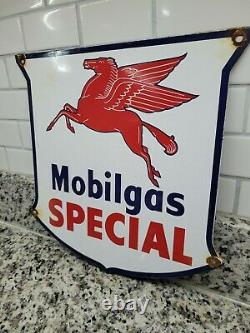 Vintage Mobil Porcelain Sign Mobilgas Special Grade Gas Station Pump Shield Oil