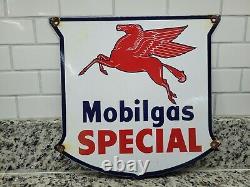 Vintage Mobil Porcelain Sign Mobilgas Special Grade Gas Station Pump Shield Oil