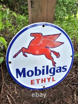 Vintage Mobilgas Ethyl Porcelain Sign Dealership Gas Station Mobil Motor Oil 12