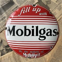 Vintage Mobilgas Mobiloil Fill Up 12 Inch Convex Porcelain Enamel Sign