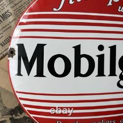 Vintage Mobilgas Mobiloil Fill Up 12 Inch Convex Porcelain Enamel Sign