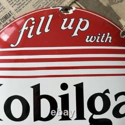 Vintage Mobilgas Mobiloil Fill Up 12 Inch Convex Porcelain Enamel Sign