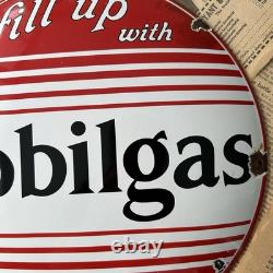 Vintage Mobilgas Mobiloil Fill Up 12 Inch Convex Porcelain Enamel Sign