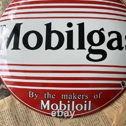 Vintage Mobilgas Mobiloil Fill Up 12 Inch Convex Porcelain Enamel Sign