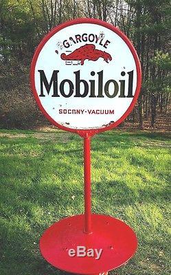 Vintage Mobiloil Gargoyle Socony Dbl Sided Porcelain Lollipop Sign Original Base