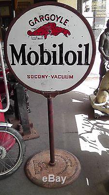 Vintage Mobiloil Gargoyle Socony Dbl Sided Porcelain Lollipop Sign Original Base