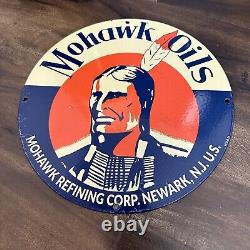 Vintage Mohawk Oils Refining Corp Iindian 12 Porcelain Metal Gas Oil Ad Sign