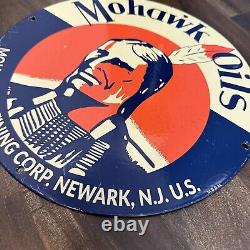 Vintage Mohawk Oils Refining Corp Iindian 12 Porcelain Metal Gas Oil Ad Sign