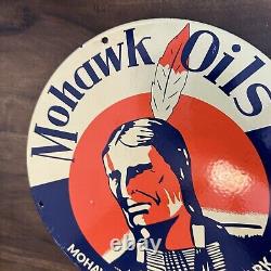 Vintage Mohawk Oils Refining Corp Iindian 12 Porcelain Metal Gas Oil Ad Sign