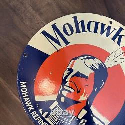 Vintage Mohawk Oils Refining Corp Iindian 12 Porcelain Metal Gas Oil Ad Sign