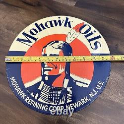 Vintage Mohawk Oils Refining Corp Iindian 12 Porcelain Metal Gas Oil Ad Sign