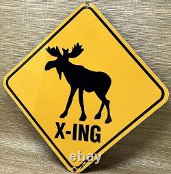 Vintage Moose Crossing Porcelain Sign Gas Oil Saftey Caribou Reindeer Deer