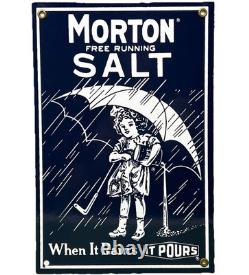 Vintage Morton Salt Porcelain Sign Restaurant Diner Gas Station Kitchen Oil Sea