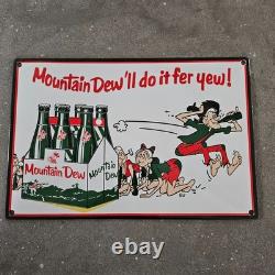 Vintage Mountain Dew Yew Old Us Gasoline Oil Gas Pump Enamel Porcelain Sign
