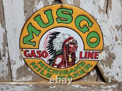 Vintage Musgo Gasoline Sign Old Embossed Metal Service Sales Gas Oil Advertising