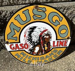 Vintage Musgo Indian Porcelain Sign Gas Station Pump Plate Michigan Mile Maker