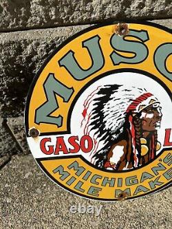 Vintage Musgo Indian Porcelain Sign Gas Station Pump Plate Michigan Mile Maker