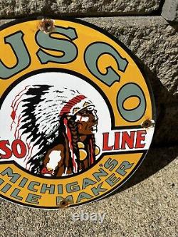 Vintage Musgo Indian Porcelain Sign Gas Station Pump Plate Michigan Mile Maker