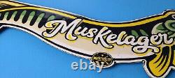 Vintage Muskie Lager Porcelain Beer Store Sales Gas Service Pump Plate Fish Sign