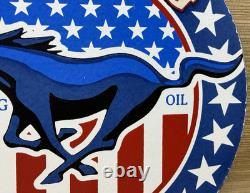 Vintage Mustang Motor Oil Porcelain Sign Gas Service Station Horse American Flag