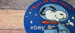 Vintage Nasa Porcelain Snoopy In Space Moon Service Station Gas Pump Plate Sign