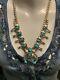 Vintage Navajo Signed Sterling Turquoise Squash Blossom Necklace