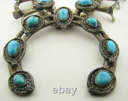 Vintage Navajo Signed Turquoise Sterling Bench Bead Squash Blossom Necklace