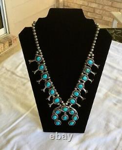 Vintage Navajo Squash Blossom Necklace Sterling Silver And Turquoise Signed 1960