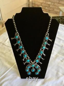 Vintage Navajo Squash Blossom Necklace Sterling Silver And Turquoise Signed 1960