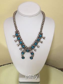 Vintage Navajo Sterling Silver Turquoise Squash Blossom Necklace Signed TSO