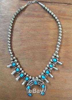 Vintage Navajo Sterling Silver Turquoise Squash Blossom Necklace Signed TSO
